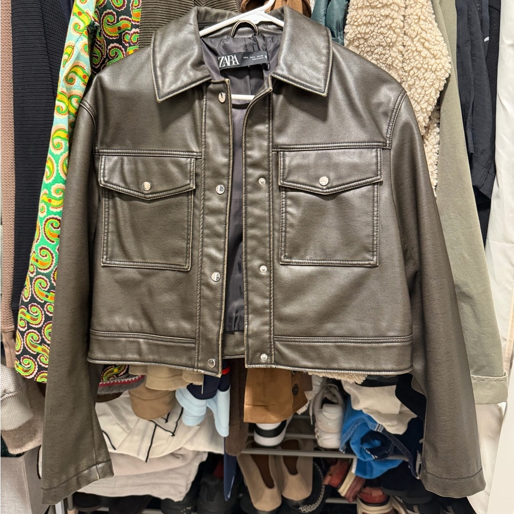 Zara Dark Brown Leather Shirt Jacket